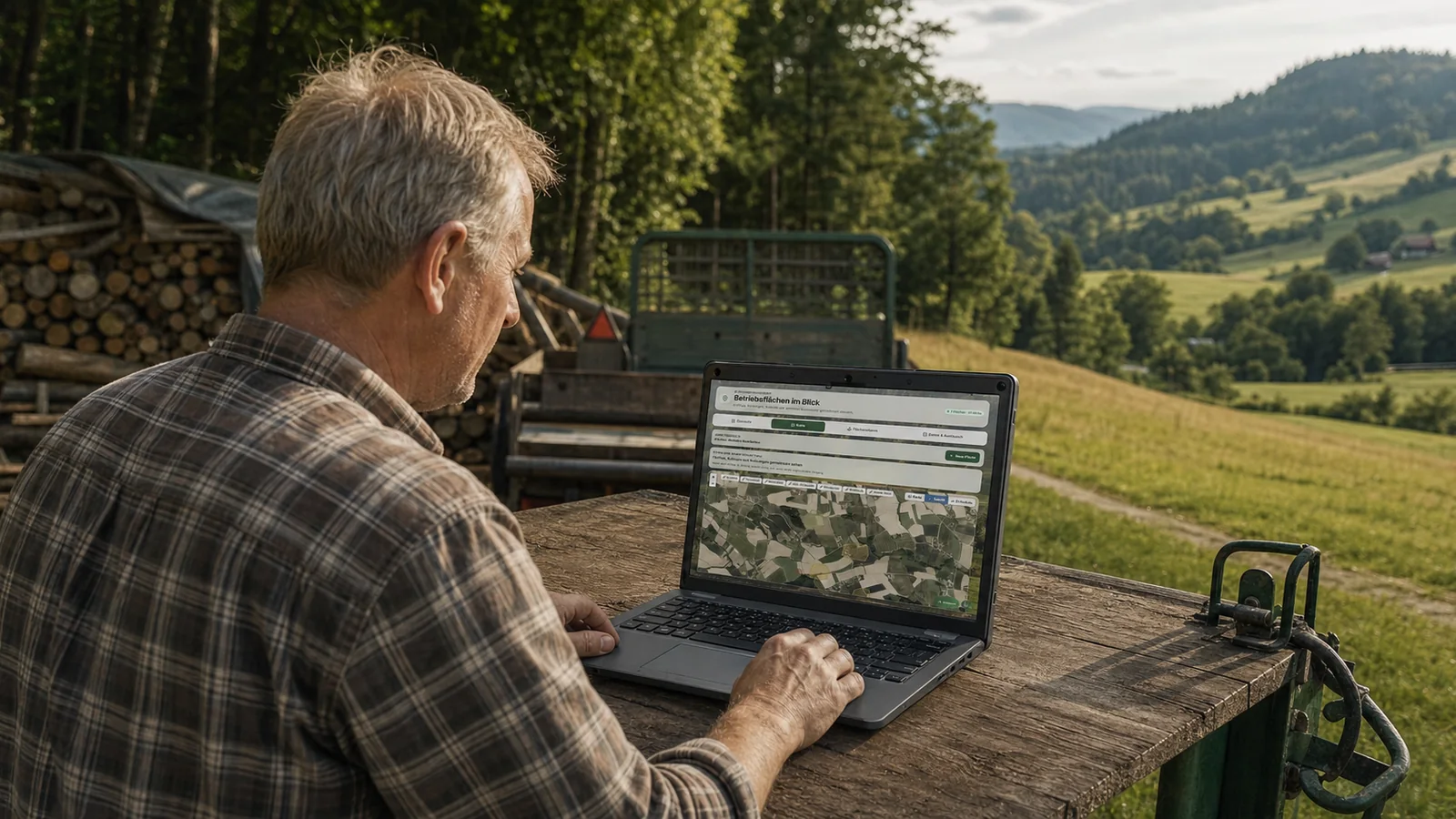 Landwirt prüft Flächen und Waldstücke mit HofPilot am Laptop