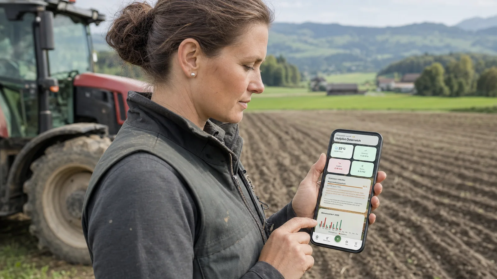 Landwirtin nutzt HofPilot unterwegs am Feld auf dem Smartphone