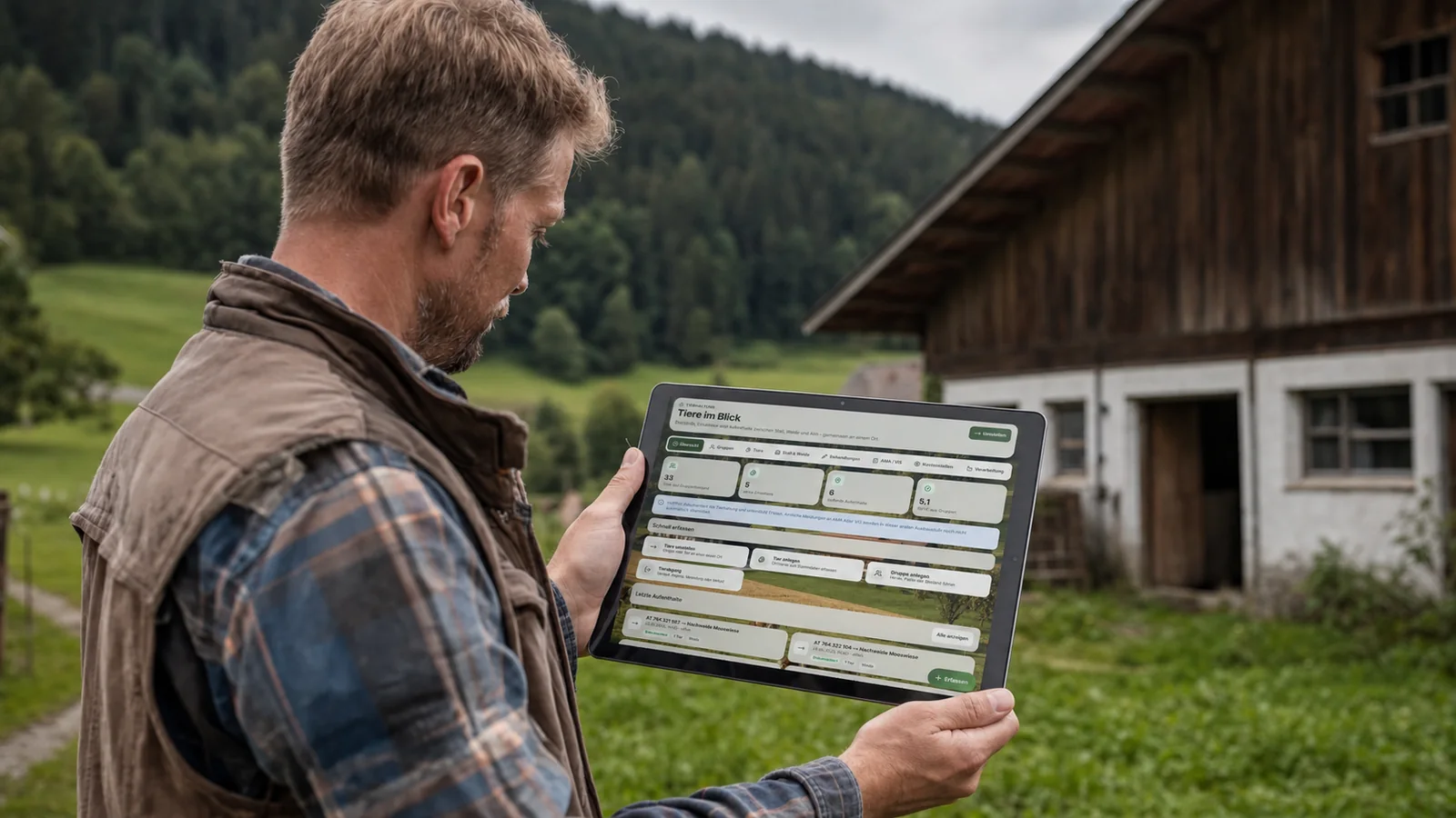 Landwirt nutzt HofPilot für die Tierhaltung am Tablet